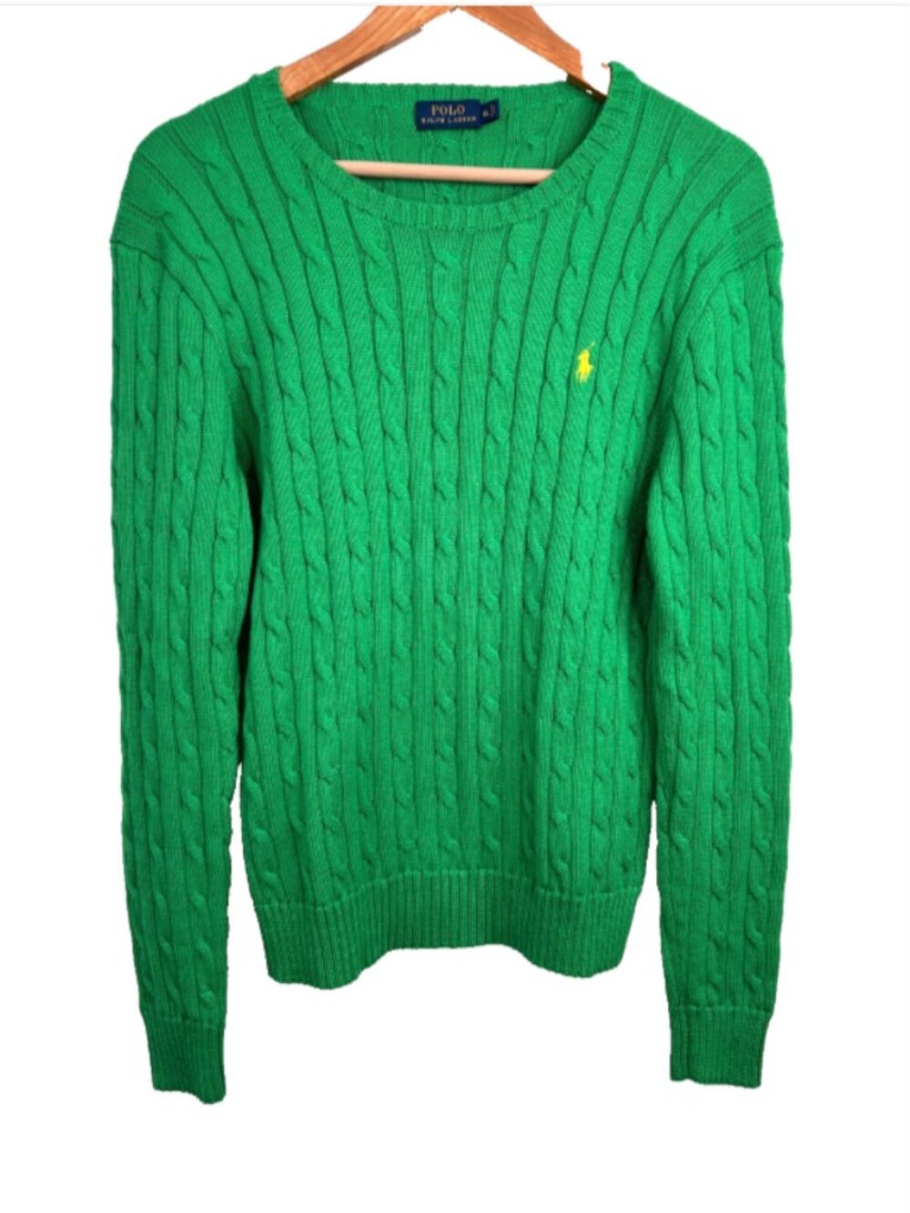 Polo Ralph Lauren Kelly Green Cable Knit 100% Cotton Crewneck Sweater XL Preppy
